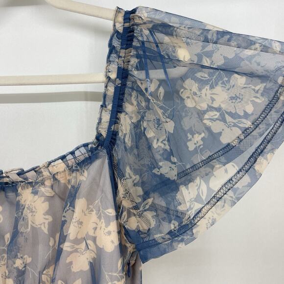 Lulus Size Large Babydoll Milkmaid Mini Dress Sheer Floral Blue Pink Romantic - Picture 3 of 10